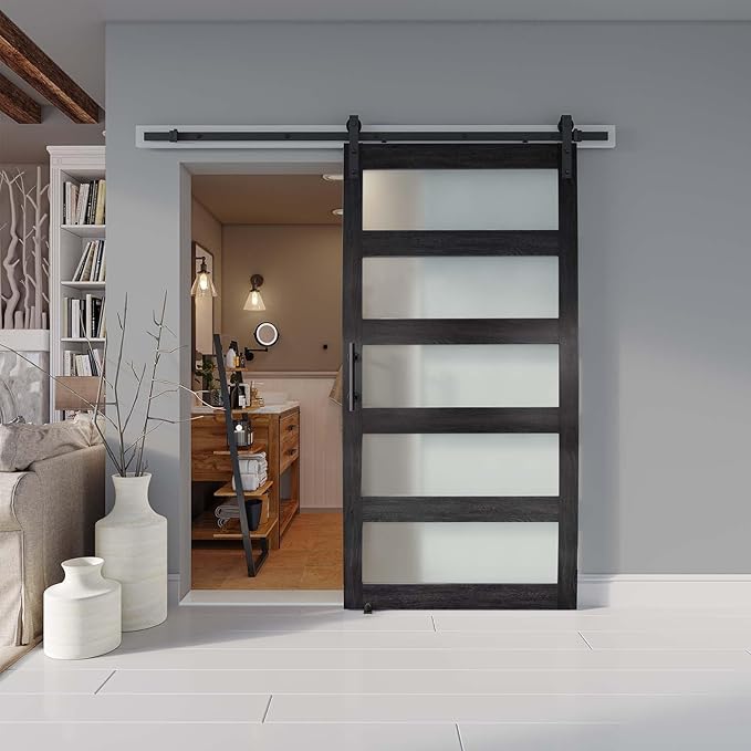 42'' x 84'' Glass Barn Door and 7 Ft Hardware Kit Included, MDF White Barn Door Slab with Frosted Glass, PVC Surface, Combined with Handle and Floor Guide-Assembly Required, Dark Grey
