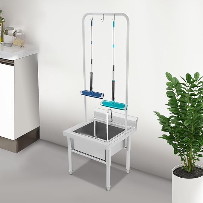 Stainless Steel Floor Mop Sink, Commercial Mop Sink w/ 47.24''H Cleaning Tool Rack, Single Bowl Restaurant Kitchen Service Basin w/Faucet & Drainage, 23.62''L*23.62''W*68.9''H