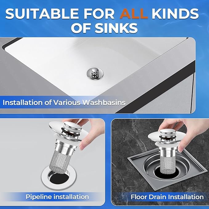 Sink Stopper Hair Catcher, Pop-up Sink Drain Strainer with Removable Stainless Steel Strainer Basket Hair Catcher, Bathroom Sink Strainer for Bathroom Sink Stopper Replacement(4PCS)