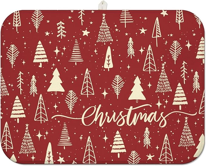 Christmas Kitchen Countertop Dish Drying Mat, Red Christmas Tree Snowflake Pattern Microfiber Kitchen Drying Mat, Washable Absorbent Countertop Xmas Winter Holiday Dish Mat Drainer,18x24Inch