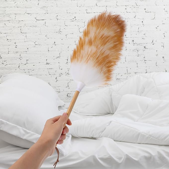 Wood Handle Wool Duster for Dust Cleaning, Soft Lambswool Furniture and Car Dust Cleaner, Home Dusting Tool with Natural White Wool, Lightweight Household Cleaning Accessory