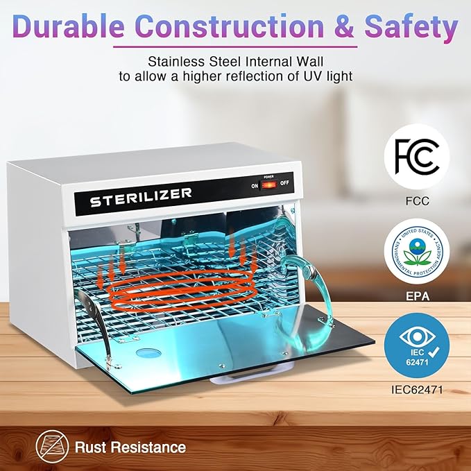 13L Nail Tool Cleaning Machine Cabinet 185 to 254 nm Blue Light Removable Rack & Viewing Window Towels Clean Case for Office Salon Barbershop Spa Equipment Home Metal Tools