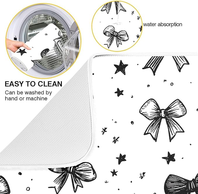 Black White Bowknot Dish Drying Mat for Kitchen Countertop 16x18 Rectangle Bow Small Drying Mat Reusable Quick Dry Dish Sink Absorbent Mats Dishwasher Easy Clean Decorative Home Decor Essentials