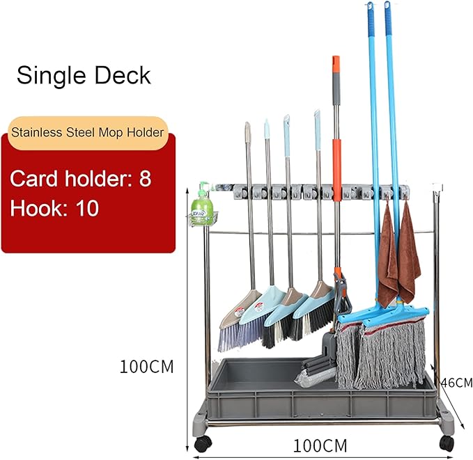 Movable Commercial Mop Rack,Floor Standing Cleaning Tool Cart Storage,Mop and Broom Garden Tool Holder,Housekeeping Cart, Umbrella Stand,Double Deck Stainless Steel Bracket,can Put Wet Mop (Color :