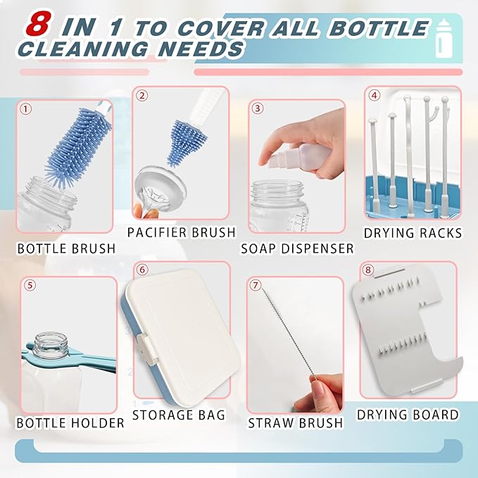 Baby Bottle Brush Set, Baby Bottle Cleaner Kit with Silicone Brush, Nipple Brush, Straw Brush, Soap Dispenser, Bottle Drying Rack, Storage Box, 7 in 1 Bottle Cleaning Tool for Home and Travel