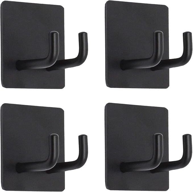 Shower Hooks, Adhesive Wall Hooks for Hanging Keys, Hats, Sticky Bathroom Hooks, Black Towel Hooks, 4 Pack