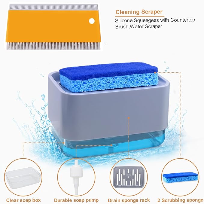 Dish Soap Dispenser with Sponge Holder for Kitchen Sink, 2 in 1 Kitchen Soap Dispenser with Water Scraper, 2 Pack Scratch Dish Sponges for Kitchen Countertop, Sink, Bathroom, Cleaning Gadgets