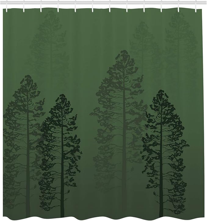 Ambesonne Country Shower Curtain, Pine Trees in The Forest on Foggy Seem Ombre Backdrop Wildlife Adventure Artwork, Cloth Fabric Bathroom Decor Set with Hooks, 69" W x 70" L, Forest Green