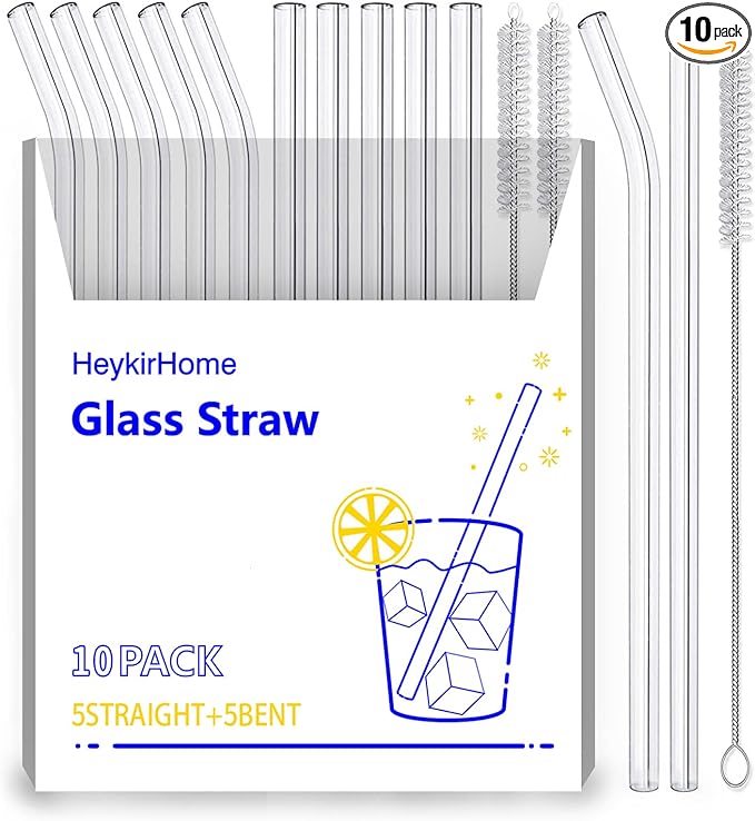 10-Pack Reusable Glass Straw,Size 8.5''x10 MM,Including 5 Straight and 5 Bent with 2 Cleaning Brush- Perfect For Smoothies, Tea, Juice
