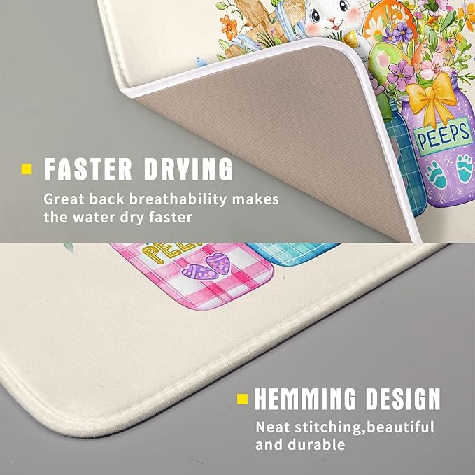 Easter Bunny Carrots Dish Drying Mat for Kitchen Counter,Spring Colorful Flowers Mason Jar Drying Mat 16 x 18 Inch with Absorbent Reversible Microfiber Drying Pad for Coffee Bar