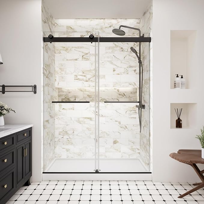 Frameless Shower Door,44-48" W x 74" H Double Sliding Shower Door with Soft Close System,5/16" (8mm) SGCC Tempered Clear Glass,Explosion-Proof Film Nano Coating,Matte Black