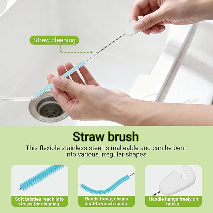 4-in-1 Bottle Brush, 16 Inches Stainless Steel Bottle Cleaner Brush with Long Handle Narrow Neck Bottle Brush, Straw Brush & Lid Brushe for Cleaning Wine Glasses,Coffee Mugs,Tumblers,Wine Decanters