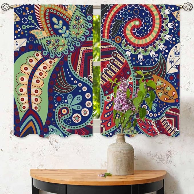 Ethnic Pattern Kitchen Curtains Paisley Lndia Abstract Floral Exotic Ornate Flourish Artistic Short Tier Curtains for Bathroom Cafe Small Window Drapes Treatment 2 Panels (27.5x39 Inch)