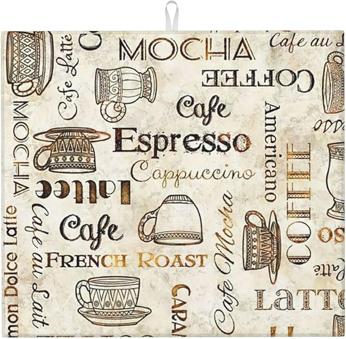 Coffee Pattern Dish Drying Mat 16x18 inches Microfiber Absorbent Fast Dry Mat for Kitchen Counter Coffee Bar Vintage Coffee Drying Mat Kitchen Decor Gifts (Vintage Coffee, 16x18 inches)
