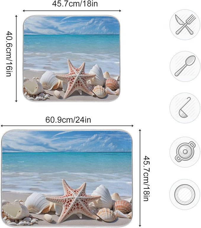 Starfishes Beach Seashells Dish Drying Mat for Kitchen Counter Absorbent Microfiber Drying Pad, Medium 16x18 in