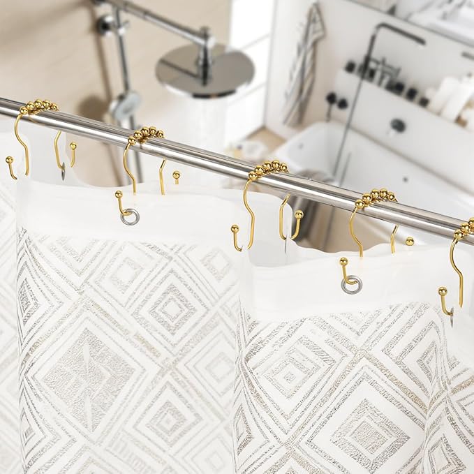 Double Shower Curtain Hooks, Sturdy Metal Nickel Shower Curtain Rings, Glide Roller Shower Hooks,Rust Proof Anti-Drop Curtain Hooks, 12 Pcs Smooth Sliding Rings for Bathroom Shower Rods Curtains