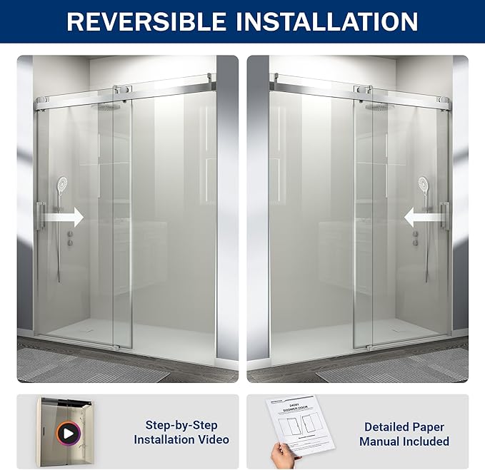 Abruzzo 76" Frameless Shower Door Single Sliding - 1/4" Tempered Glass Soft Close, Chrome, Adjustable 56-60" Width