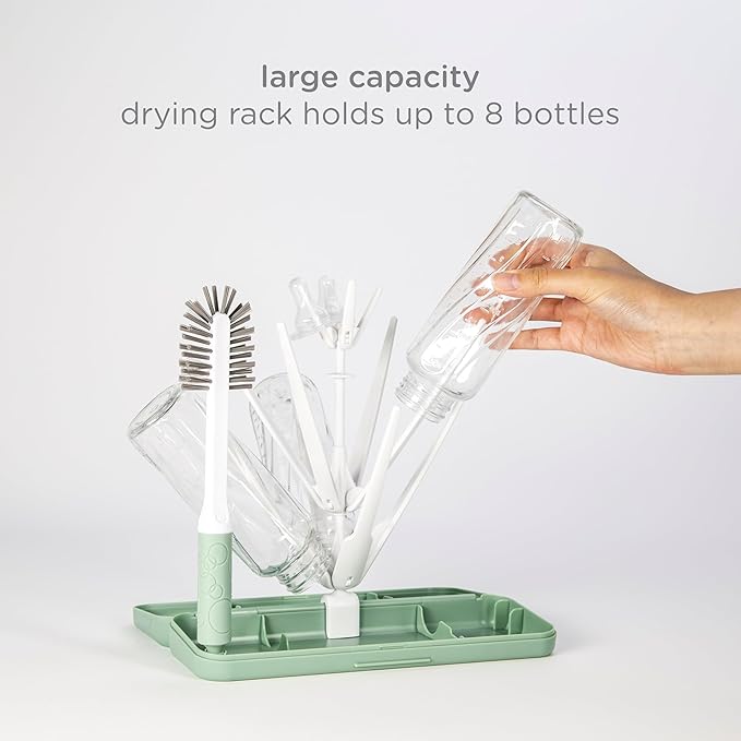 Ubbi On-the-Go Drying Rack and Brush Set, Includes Travel Case and Bottle Brush for Compact Storage, Holds Up To 8 Bottles, Baby Travel Accessories, Sage