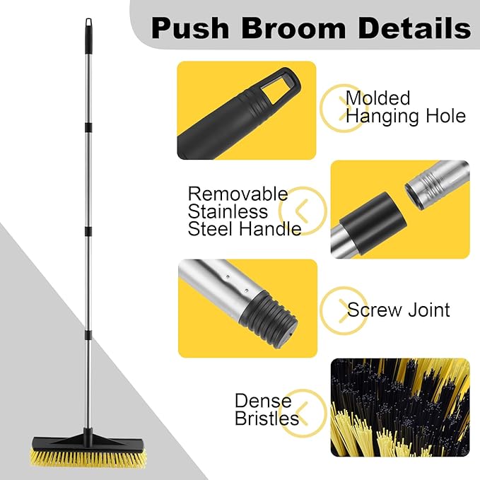 16" Push Broom for Outdoor Heavy Duty, Push Brooms with 59" Adjustable Long Handle for Sweeping Multi-Surface Floor Scrub Brush for Cleaning Outside Deck Patio Garage Driveway Warehouse Concrete