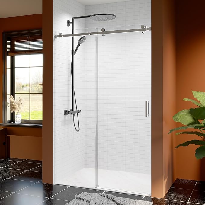 46-48 Inch Frameless Sliding Shower Door, 76" Height, 5/16" (8mm) Clear Tempered Glass, Smooth Gliding Track & Anti-Jumping System, Stainless Steel Chrome Finish