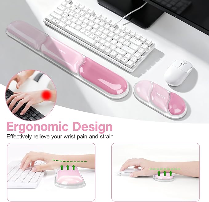 MOSISO Gel Keyboard Wrist Rest&Wrist Support for Mouse, Streamlined Ergonomic Soft Cooling Gel Mousepad Pain Relief Easy Typing Pad Non-Slip Computer Laptop Home/Office, Cherry Pink