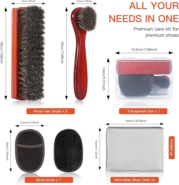 Horsehair Shine Shoes Brush Kit, Horse Hair Brush for Leather, Cleaning Leather Shoes Boots Care Brushes with Microfiber Shoe Cloth, Horsehair Brush (L, Count, 5)