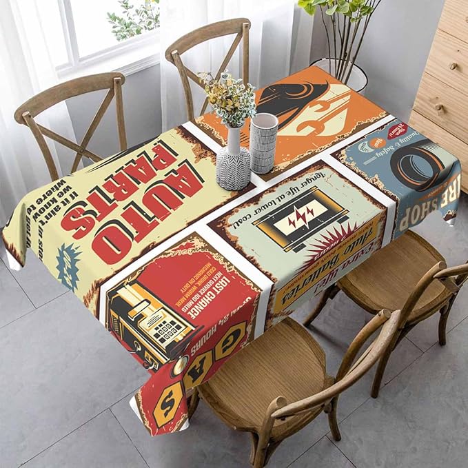 Vintage Car Tin Signs Table Linens 52x70 Old Rusty Posters Retro Auto Service Flyer Table Cloth Rectangle Table for Dining Kitchen Banquet Party Decorative Outdoor Picnic