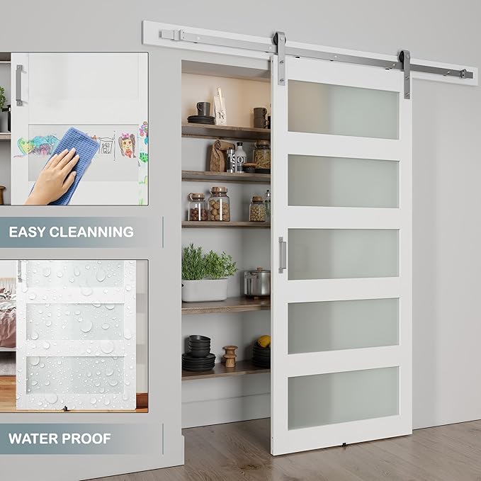 38'' x 84'' Glass Barn Door and 6.6 Ft Brushed Nickel Hardware Kit Included, MDF White Barn Door Slab with Frosted Glass, PVC Surface, Combined with Handle and Floor Guide-Assembly Required