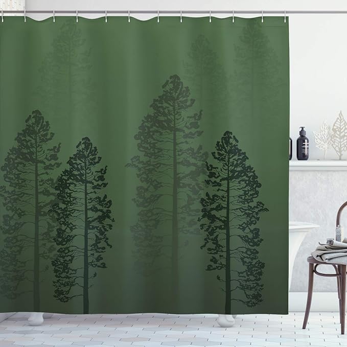 Ambesonne Country Shower Curtain, Pine Trees in The Forest on Foggy Seem Ombre Backdrop Wildlife Adventure Artwork, Cloth Fabric Bathroom Decor Set with Hooks, 69" W x 75" L, Forest Green