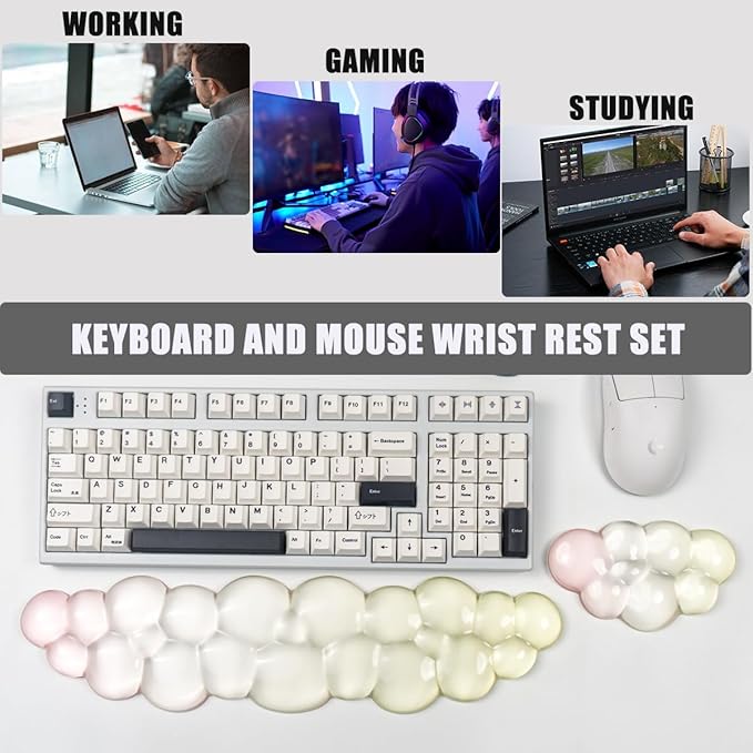 Ergonomic Cloud Silicone Gel Keyboard and Mouse Wrist Rest Set – Clear Wrist Rest for Computer Keyboard 60%/68%/75%, Comfort & Support for Typing and Gaming (Yellow Pink)