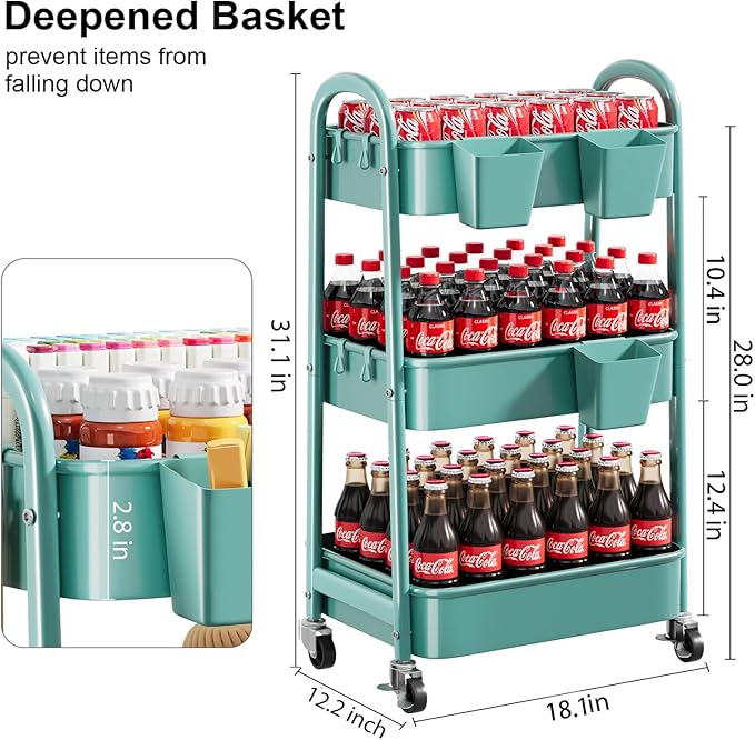 Green 3 Tier Rolling Cart Metal with Lockable Wheels, Three Tiered Craft Cart Organizer on wheels, Utility Storage Carts for Art, Baby Supplies, Diaper Caddy, Snack, Pantry, Nail, Lash, Cleaning
