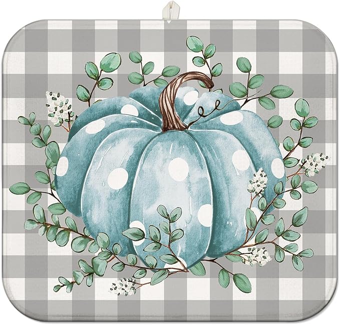 Fall Dish Drying Mat for Kitchen Counter,Buffalo Plaid Blue Pumpkin Pattern Microfiber Drying Mat,Washable Absorbent Kitchen Countertop Harvest Thanksgiving Dish Mat Drain Mat,16x18 Inch