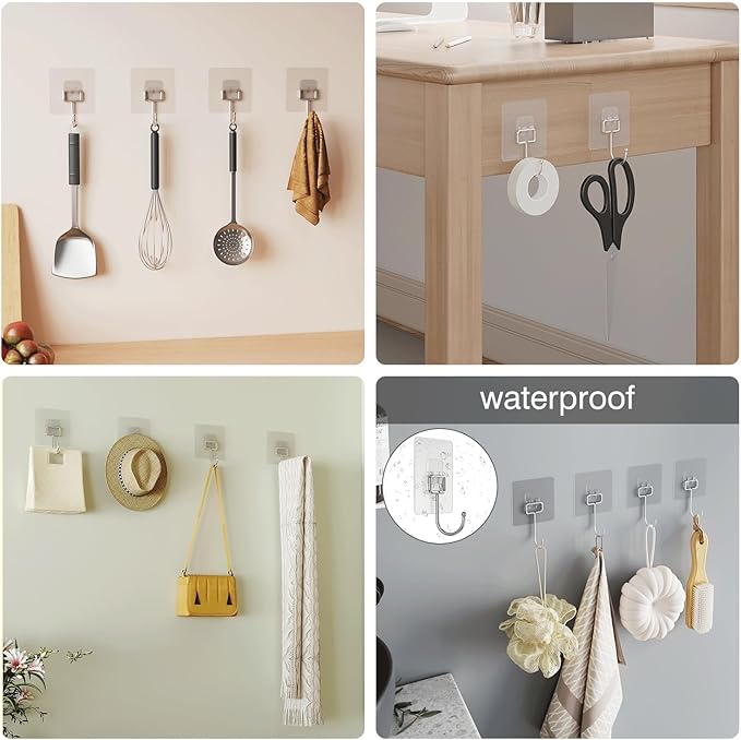 30Pack Adhesive Hooks Set, Stainless Steel Clear Sticky Hooks, Heavy Duty Wall Hooks for Home Kitchen, Bathroom, Door, 20 Small 33lb & 10 Large 44lb Waterproof Utility Hooks