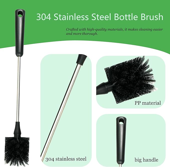 3 Pack Bottle Brush, 15 Inches Long Handle Water Bottle Cleaner Brush Set, Stainless Steel Cleaning Brushes with Straw Brush & Lid Cleaner for Sports Water Bottles, Baby Bottles, Mugs, Cups, Glassware