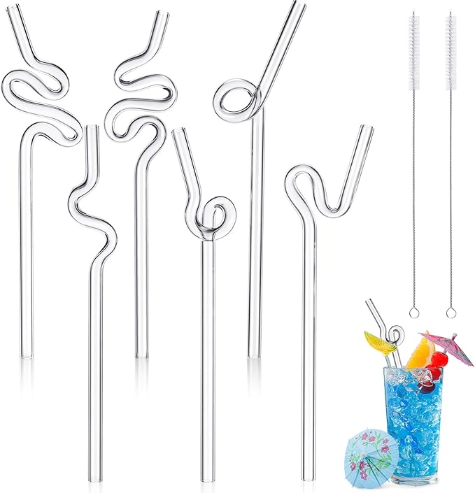 Yinkin 6 Pcs Wavy Glass Straw Reusable Curved Silly Glass Straws Shatter Resistant with 2 Cleaning Brushes Clear High Borosilicate Glass Straws for Kids Adults Smoothies Juice (Clear, 8 Inch)