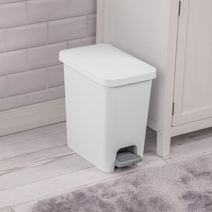 Sterilite 2.7 Gallon Rectangular Step On Kitchen Trash Bin Plastic Indoor Wastebasket with Removable Liner and Bag Holding Feature, White (6 Pack)