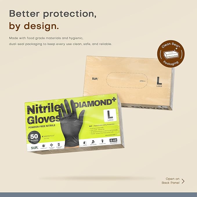 SUPER+ HEAVY DUTY Nitrile Gloves 8 Mil Diamond Texture Disposable Chemical Resistant Powder &Latex Free Food Safe Black 50 Ct