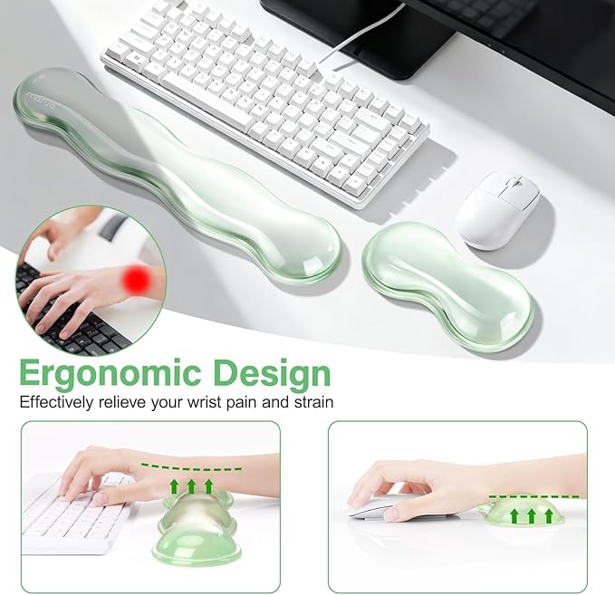 MOSISO Gel Keyboard Wrist Rest&Wrist Support for Mouse, Ergonomic Wrist Pad Soft Cooling Gel Pain Relief Easy Typing Pad Non-Slip Computer Laptop Wave Shaped Home/Office Wrist Cushion, Mint Green