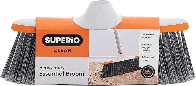 Superio Lightweight Essential Household Broom with Metal Handle, 2-Pack Grey