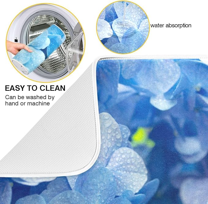 Tarity Blue Hydrangeas Dish Drying Mat for Kitchen Counter Absorbent Heat Resistant Microfiber Dishes Drainer Mat 18x24 in Large Dish Pad Sink Mat Protective Pad Kitchen Decor