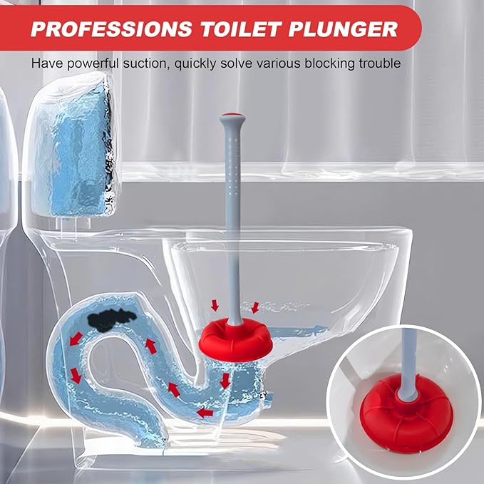 Toilet Plunger and Brush Set for Bathroom Cleaning with Holder, 16inch Plunger and Brush with Holder for Deep Cleaning Bathroom