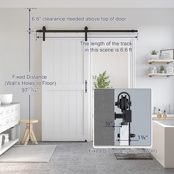 SmartStandard 36 x 96 inch White Sliding MDF Barn Door with 6.6FT Black Sliding Door Hardware Kit & Handle, Pre-Drilled Ready to Assemble, Waterproof PVC Coating, H-Frame