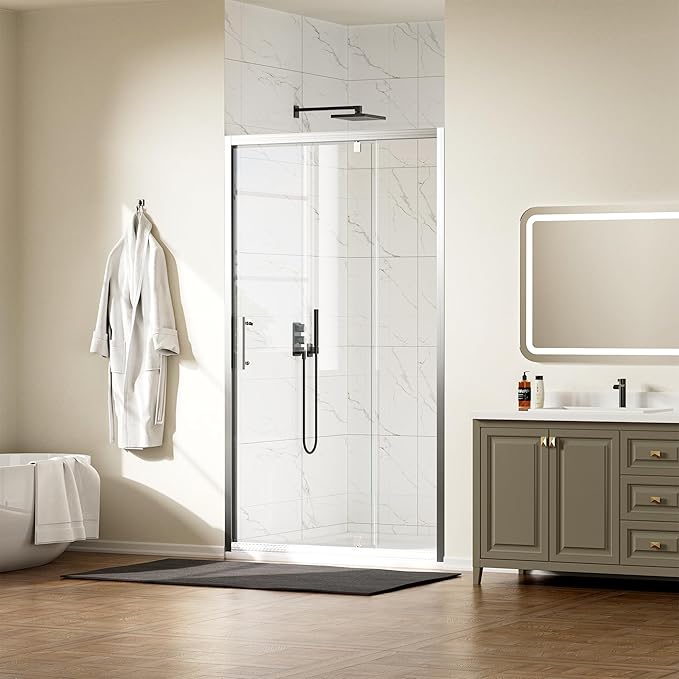 WinZo 41-42" W ×72" H Pivot Shower Door, 1/4"(6mm) SGCC Clear Tempered Glass Shower Door with Explosion Film, Nano Easy-Clean Coating, Reversible Installation, Brushed Nickel