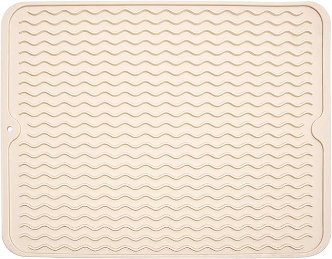 Large 14" x 11" Silicone Dish Drying Mat for Kitchen Counter, Easy clean, Quick Dry, Heat-resistant Dish Drainer Mat for Sink,Refrigerator or Drawer liner (Food Grade Silicone-Beige)