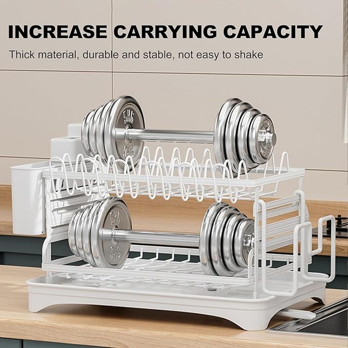 Dish Drying Rack,2-Tier Dish Racks for Kitchen Counter with Drainboard & Utensil Holder,Large Dish Drying Rack for Bowls/Cups/Bottles (White)