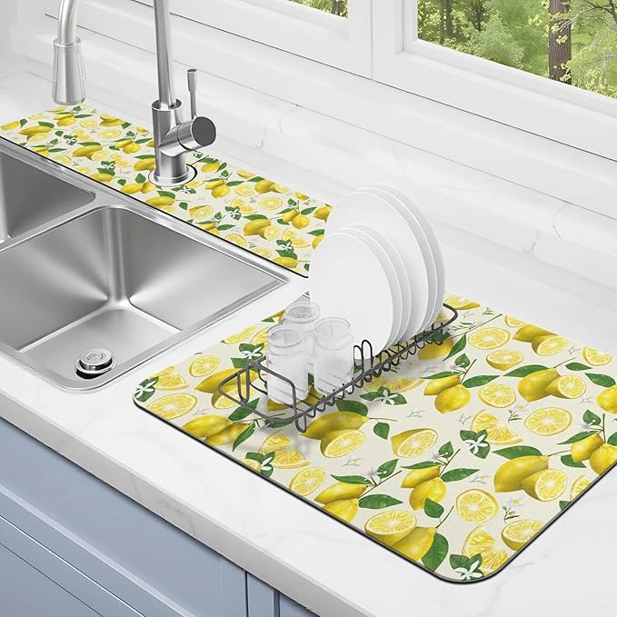 Dish Drying Mat for Kitchen Counter Matt, 2PCS 19"x12" Dish Drainer Mat & 24"x5.5" Sink Splash Guard, Super Absorbent Non-slip Rubber Backed