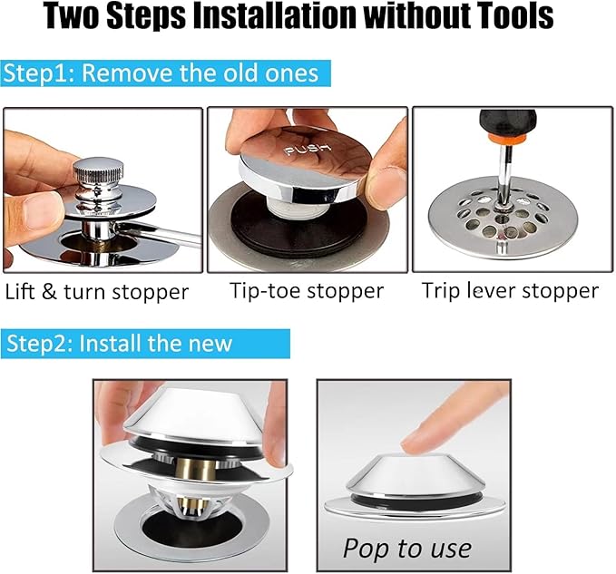 Bathtub Drain Stopper,Pop Up Tub Stopper Bottom with Drain Hair Catcher,Bathtub Plug and Cover with Strainer,Universal for 1.45 to 1.8in Drain Hole,Replaces Lift & Turn, Tip-Toe or Trip Lever
