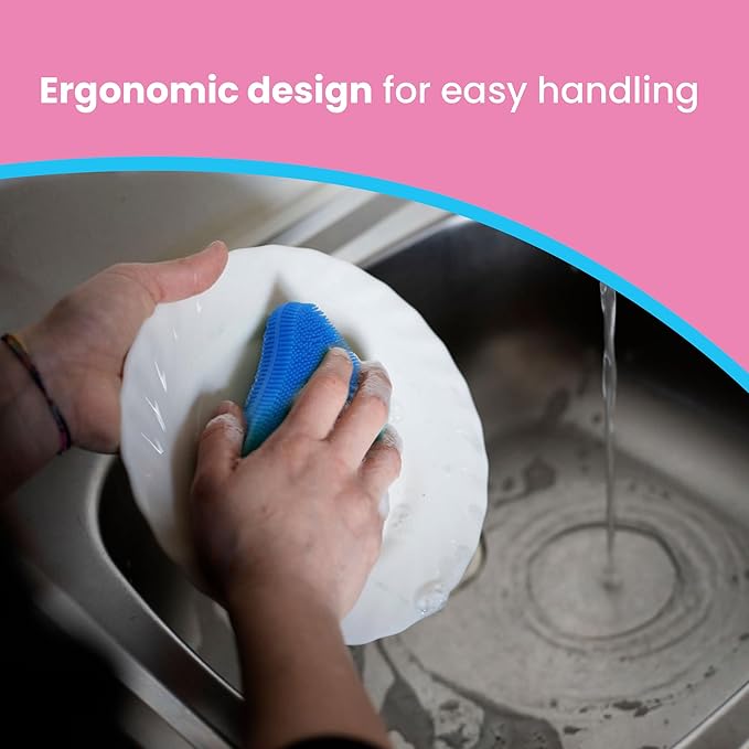 Silicone Dish Sponge - Dishwashing Kitchen Scrubber - Double Sided Sponge Brush - Multipurpose & Reusable Silicone Dish Sponges for Dishes, Fruits & Vegetables Cleaning - Blue (3 Pack)