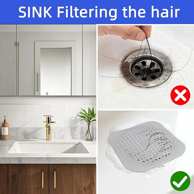 4 Pack Shower Drain Hair Catcher, Silicone Hair Stopper with Suction Cup, Drain Strainer for Bathroom, Bathtub & Kitchen Sink - Grey