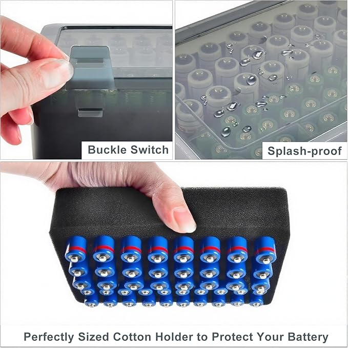 Battery Organizer, Portable Battery Box with Buffer Sponge, Heavy-duty Plastic Storage Case for 54 Batteries AA AAA,(Batteries are Not Included) (Dark Gray)